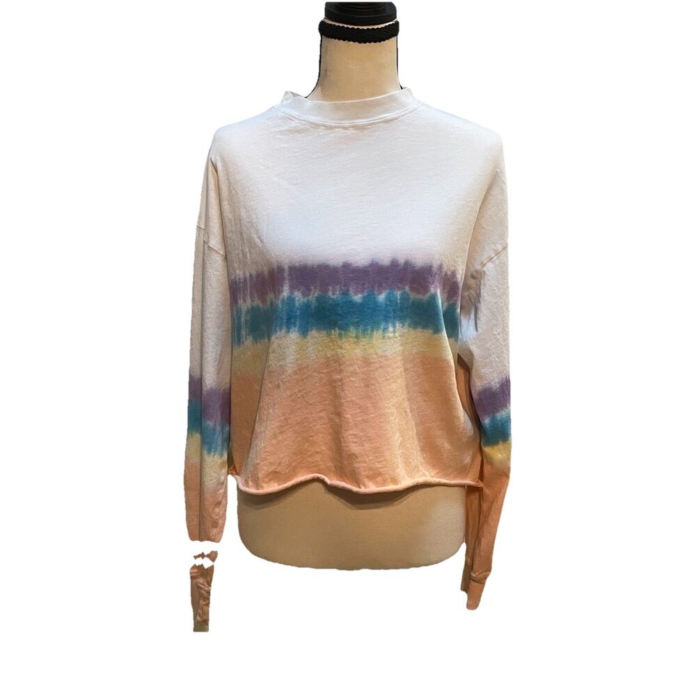 Daydreamer Free People Tie Dye Crop Top XS Long Sleeve Rainbow Boho Raw Hem